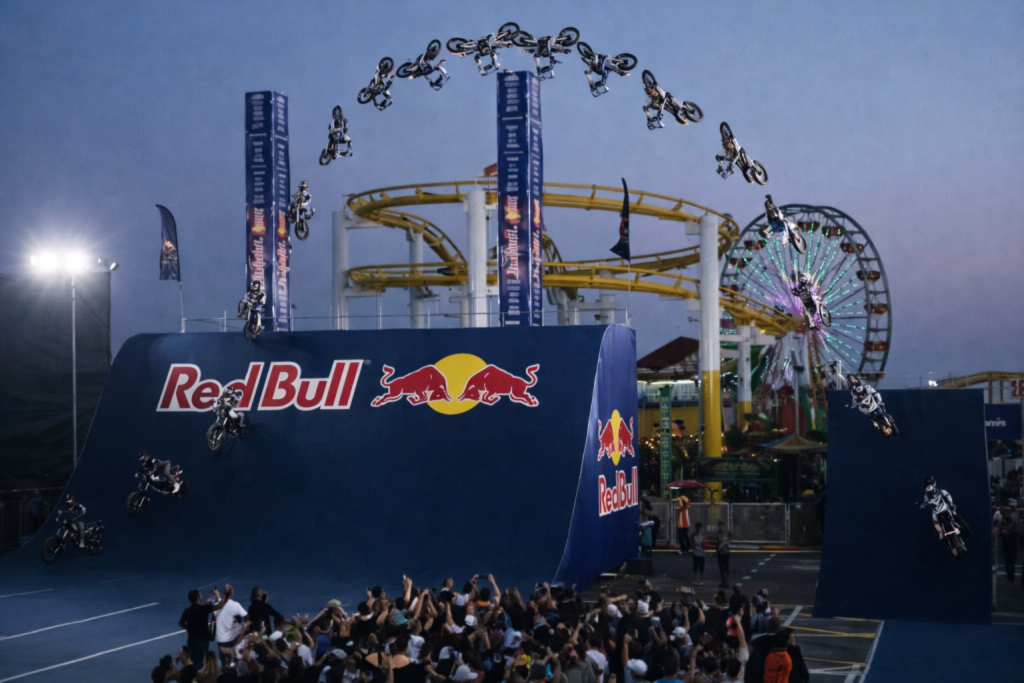 Red Bull branded stunt ramp with multiple motorbikes mid-air during a live outdoor event