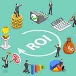 Illustration of return on investment (ROI) concept showing business professionals analyzing profits, coins, calculator, charts, and financial growth around an ROI symbol.