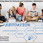 Group of students sitting together on the floor using laptops and books with an educational concept graphic showing learning elements like knowledge, training, and practice.