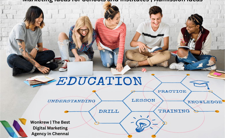 Group of students sitting together on the floor using laptops and books with an educational concept graphic showing learning elements like knowledge, training, and practice.