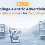 Illustration showing college-centric advertising with a smartphone, campus kiosk, and outdoor display promoting youth-focused brands in India.
