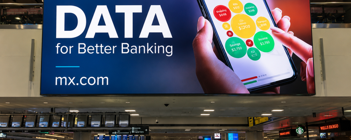 A large digital airport advertising display featuring MX branding and the message “DATA for Better Banking” above a busy airport terminal area. The advertisement includes a smartphone visual and high-visibility digital signage designed to capture the attention of travelers in a high-footfall airport environment.