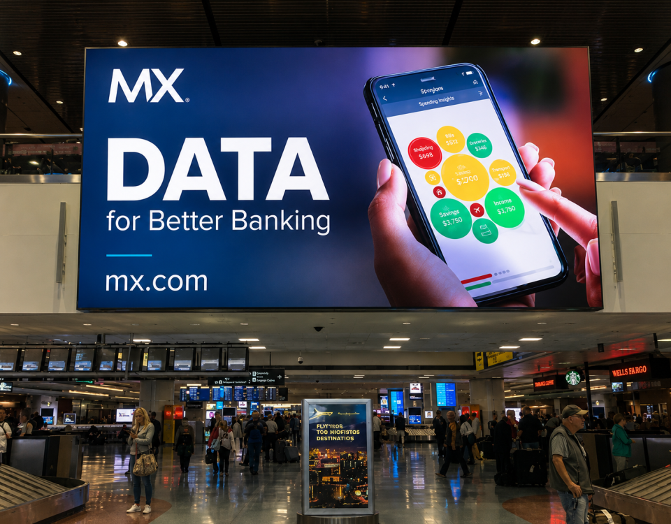 A large digital airport advertising display featuring MX branding and the message “DATA for Better Banking” above a busy airport terminal area. The advertisement includes a smartphone visual and high-visibility digital signage designed to capture the attention of travelers in a high-footfall airport environment.