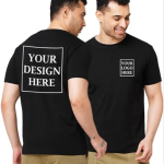 A custom black t-shirt branding mockup featuring logo placement on both the front and back of the apparel. The design showcases branded t-shirt printing used for promotional campaigns, staff uniforms, event merchandising, and corporate brand visibility.