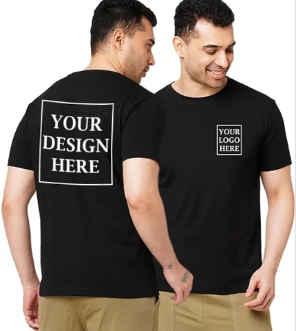 A custom black t-shirt branding mockup featuring logo placement on both the front and back of the apparel. The design showcases branded t-shirt printing used for promotional campaigns, staff uniforms, event merchandising, and corporate brand visibility.