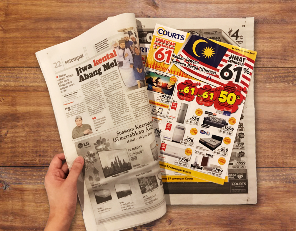 A newspaper insertion advertising campaign featuring promotional retail flyers placed inside a printed newspaper. The image showcases newspaper insert marketing used to distribute brand offers, product catalogs, discounts, and promotional advertisements directly to readers through physical newspaper circulation.