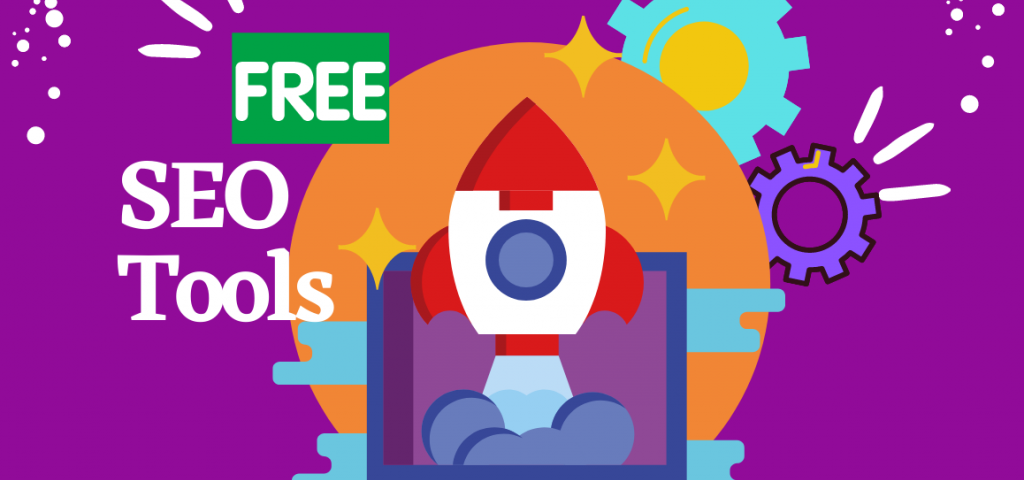 An exciting illustration that shows a rocket on a purple background with a text at the side that says Free SEO Tools