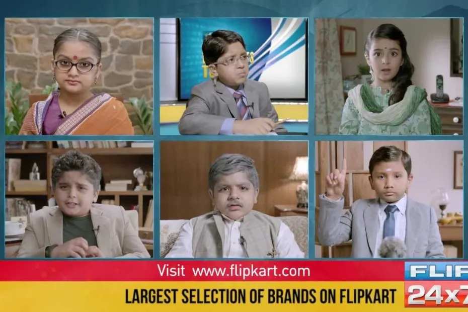 This image shows six kids dressed as adults featuring in the Flipkart advertising campaign