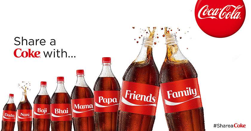 This image shows the #ShareACoke marketing campaign by Coca-Cola with bottles with different names