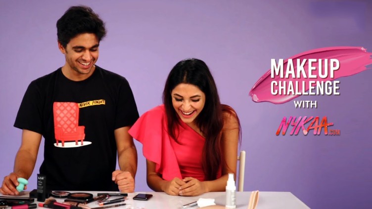 The image shows Rohan Joshi with a woman in a Makeup Challenge for Nykaa