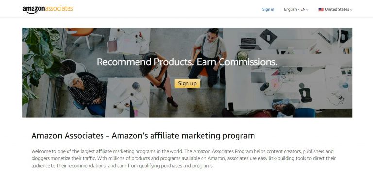 This image shows the signup page for Amazon affiliate Program