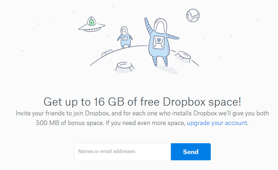 This picture shows the DropBox invite a friend page and get 500 MB bonus space