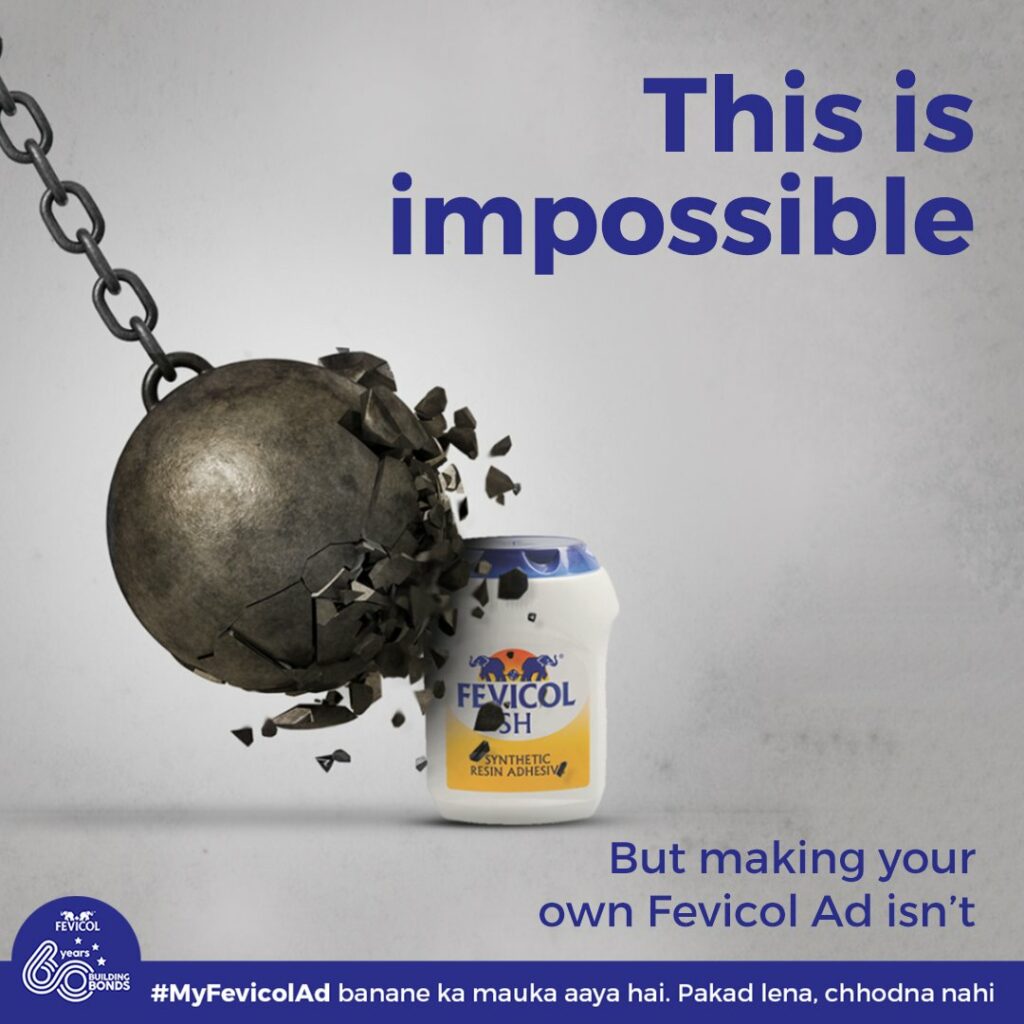 This image shows the marketing campaign contest by Fevicol with a weight failing to destroy the Fevicol bottle