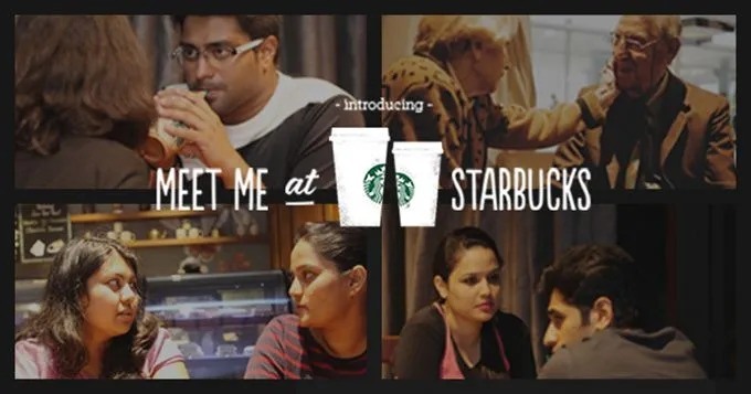 This image shows people sitting and interacting under Meet Me At Starbucks Campaign