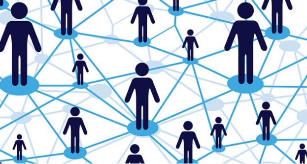 A picture showing offline marketing activities via a lot of characters in blue color 