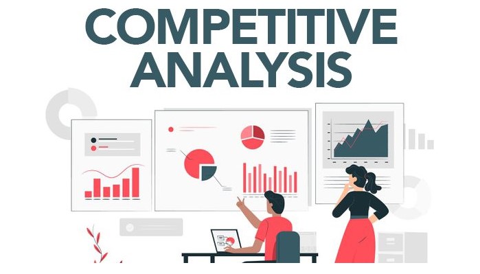 A picture showing offline marketing activities via two characters looking at some figures and competitive analysis written on top