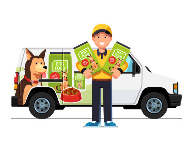 The mobile van showcasing the advertisement of a dog food company and the man is distributing samples.
