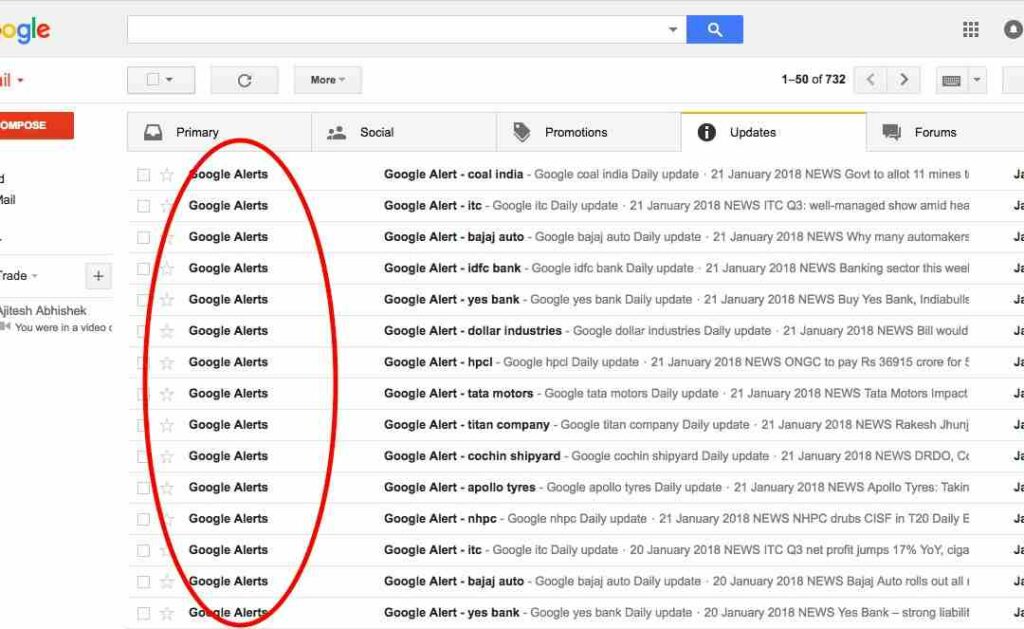 This image depicts the email account of a person with the latest google alerts of marketing trends