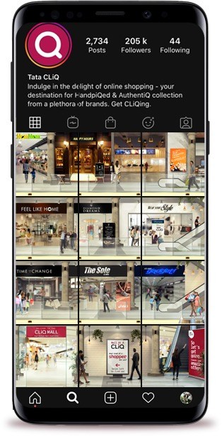 This image shows the Instagram page of Tata CLiQ with pictures of four storeys of a mall as a part of #MallAtACLiQ campaign