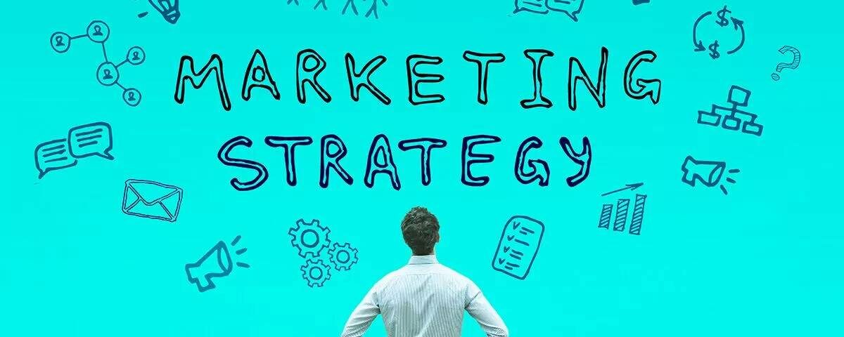 A blue background with a person looking at different marketing strategies