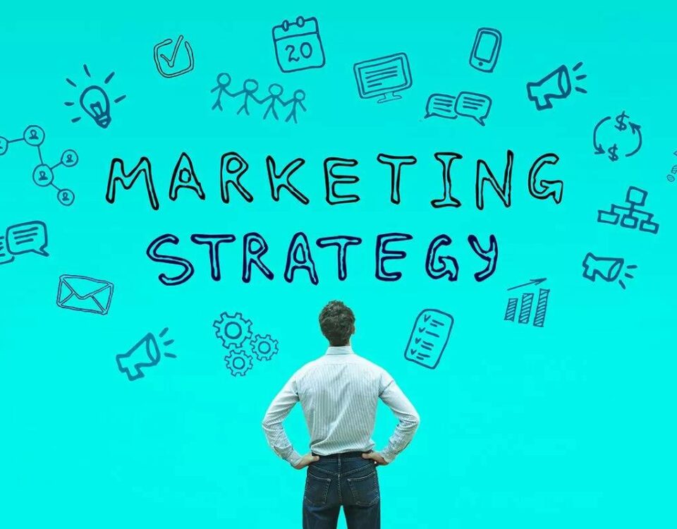 A blue background with a person looking at different marketing strategies