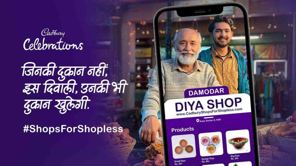 Cadbury's #ShopForShopless marketing campaign featuring a local seller and a youngster promoting Damodar Diya Shop online appears in this image.