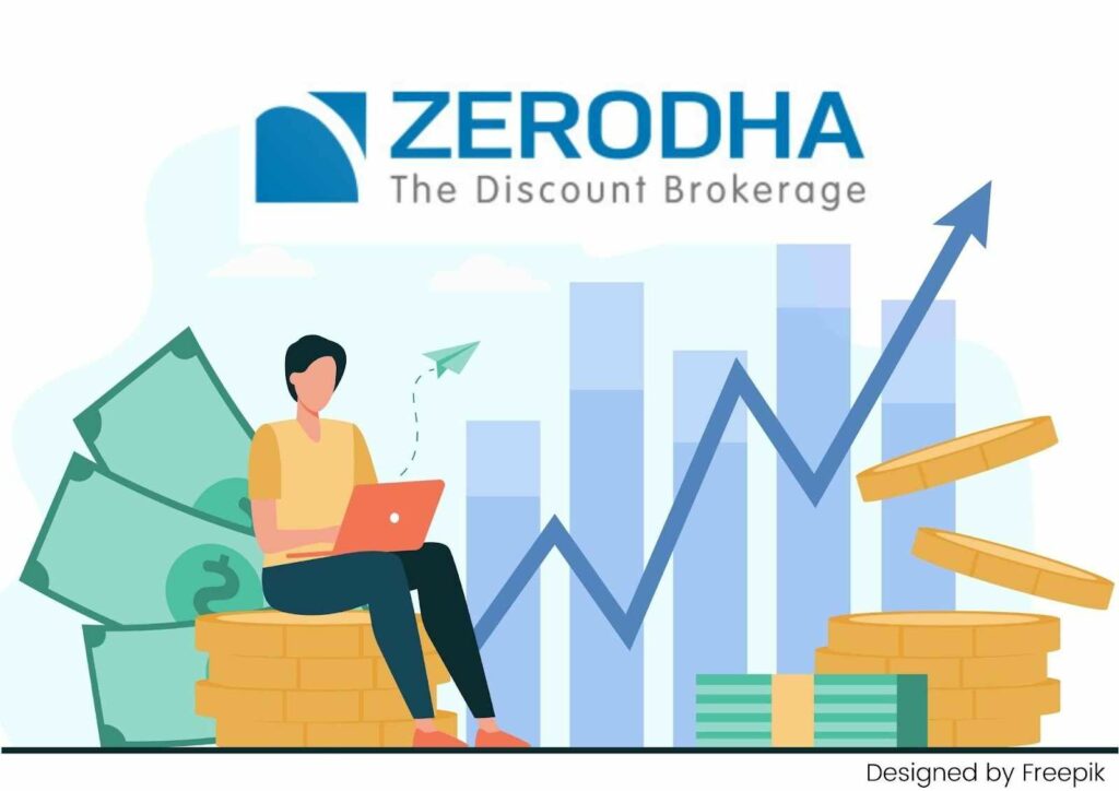 This image depicts clipart of a person with a laptop featuring Zerodha- The Discount Brokerage