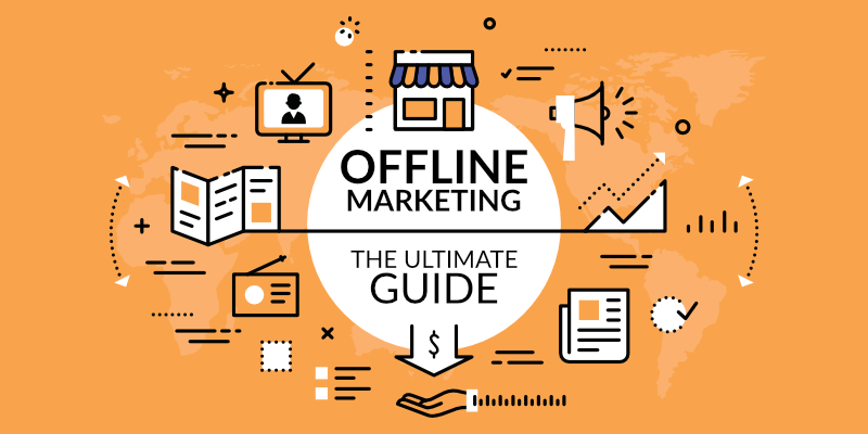 This image shows several offline marketing strategies on an orange background