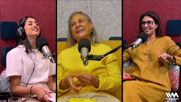 The image shows three celebrities in a podcast “What the Hell Navya.” 