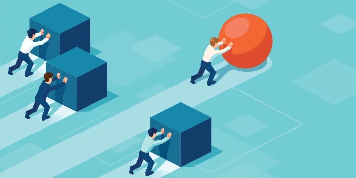 This image shows the competitive advantage of using AR of a brand over other competitors depicting a race on blue background