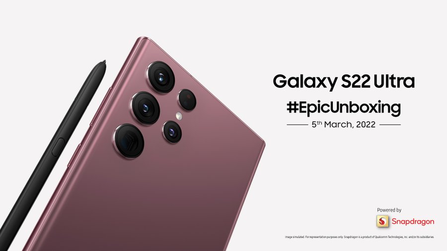This image shows a Galaxy S22 Ulta #EpicUnboxing marketing campaign on a white background