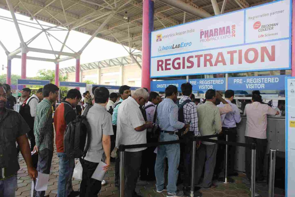 This image shows people in the queue for registration in an event of Pharma Expo 2018