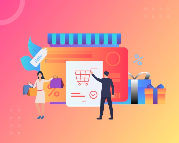This image shows a lady with shopping bags and a man clicking on a shopping cart 