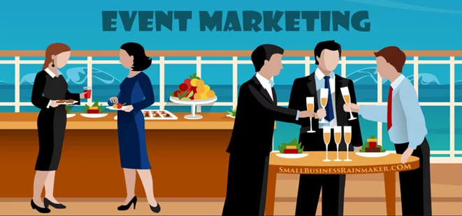 This image portrays employees organizing and customers attending an event 