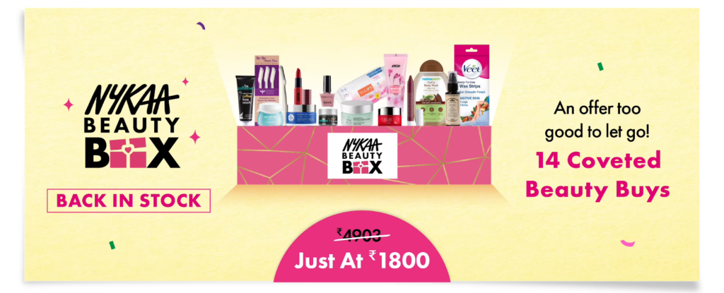 The picture shows marketing campaign of Nykaa via the beauty box by Nykaa with products in it 