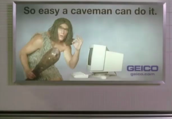 A picture shows offline advertising via the logo of Geico with cavemen standing beside it.