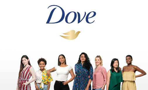 A picture showing offline marketing via the logo of Dove with women standing below it with smiling faces