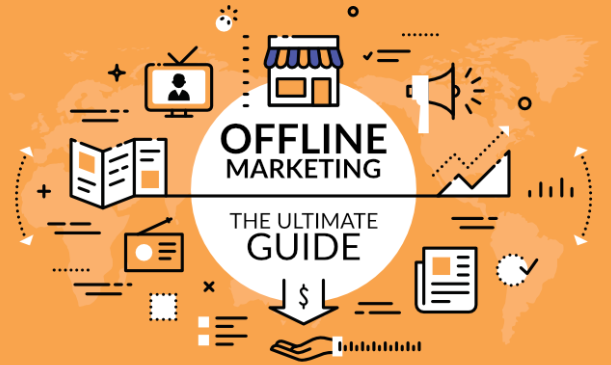A picture showing offline marketing and its features in the form of symbols