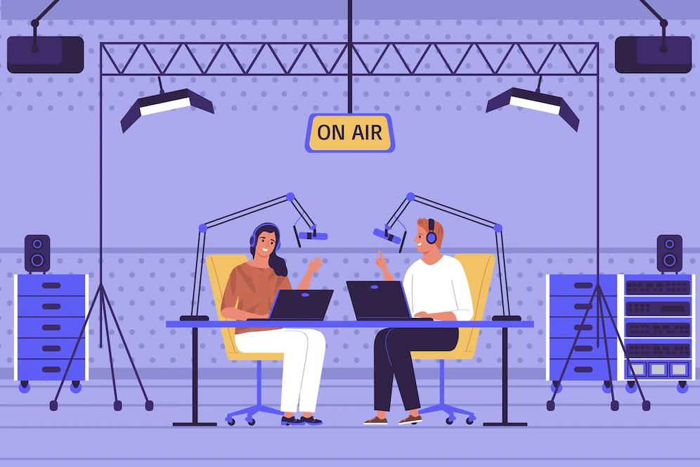 image showing offline advertising via a radio broadcast from the studio with two people talking about the product.