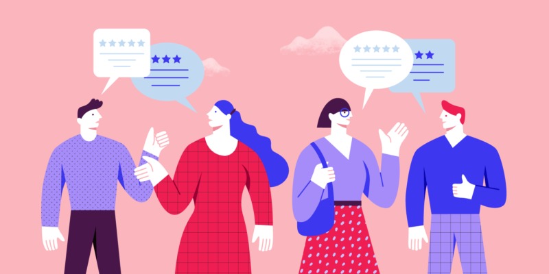 This image shows four people talking with each other as a part of word-of-mouth in a pink background