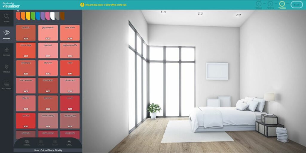 This image shows the painted wall AR feature of Asian Paint with a white painted wall background with a sofa