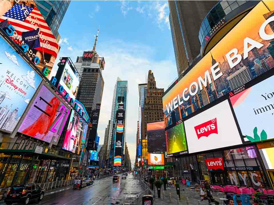 Various digital billboards on a street