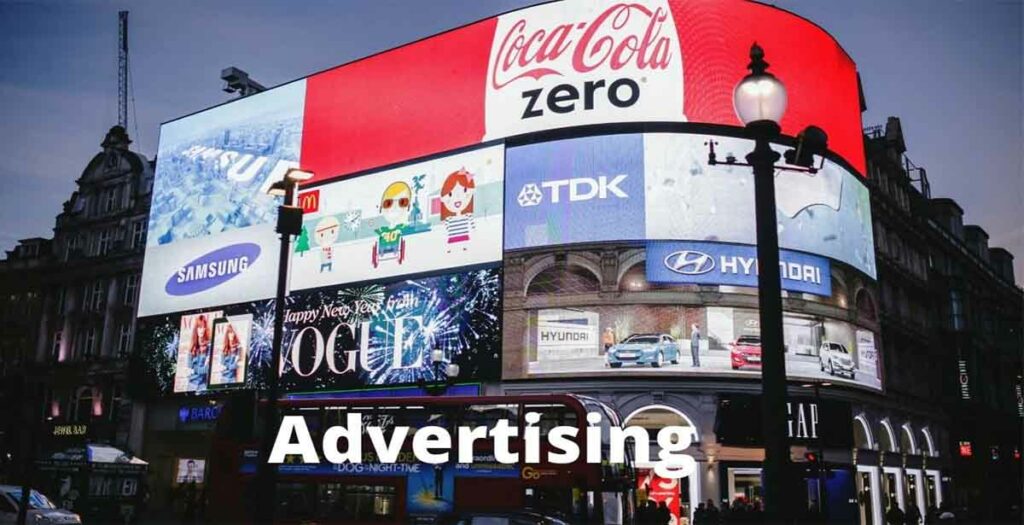  A billboard with a lot of advertisements 
