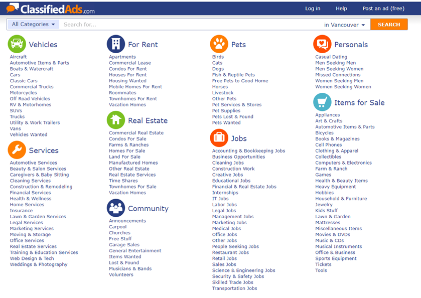 Image of Online Classified Marketing webpage
