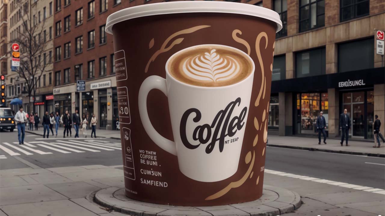 A giant coffee cup advertisement on the sidewalk
