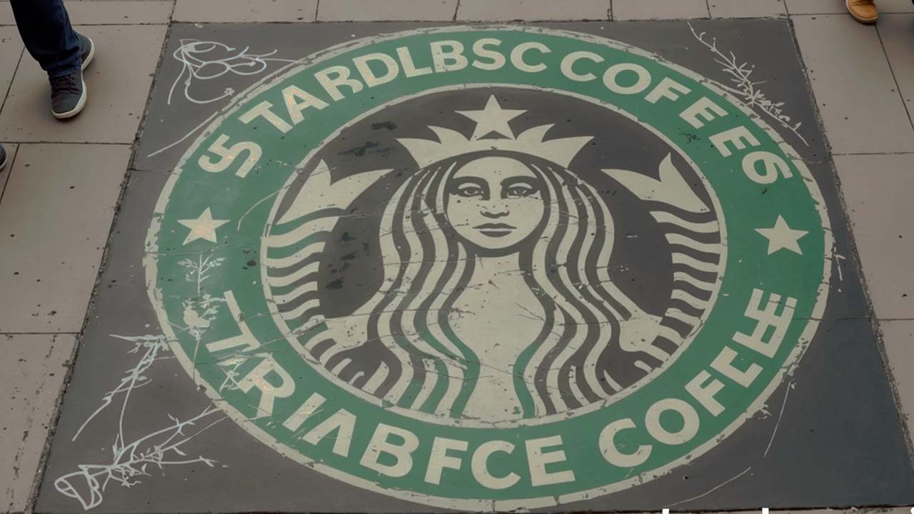 A sidewalk chalk advert for Starbucks coffee