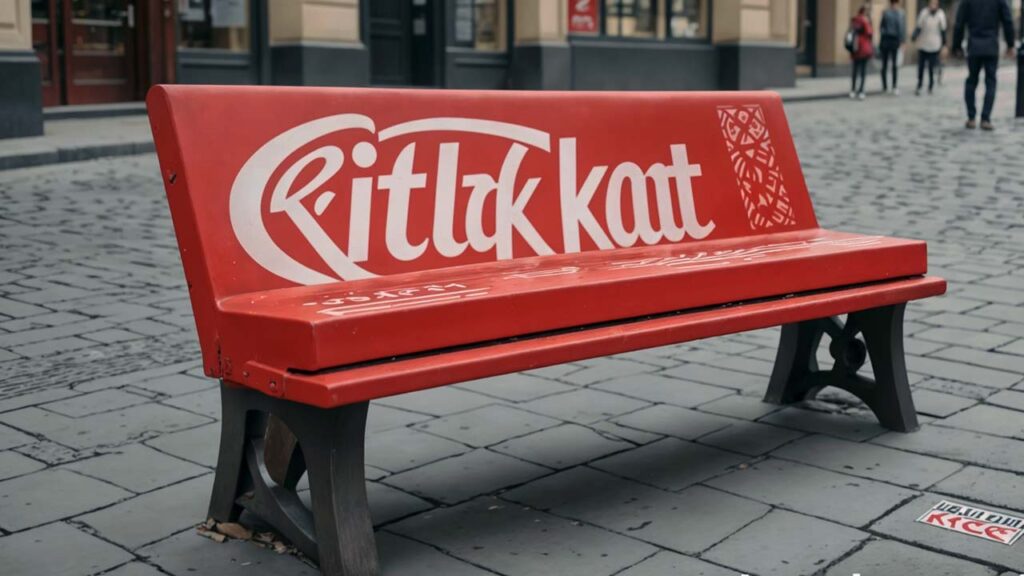 A street bench painted to look like a chocolate bar