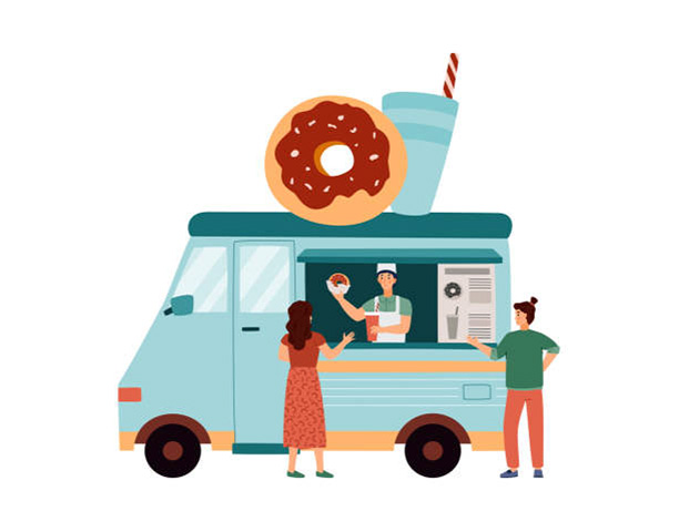 Transit van with creative decor attracting a lot of customers.