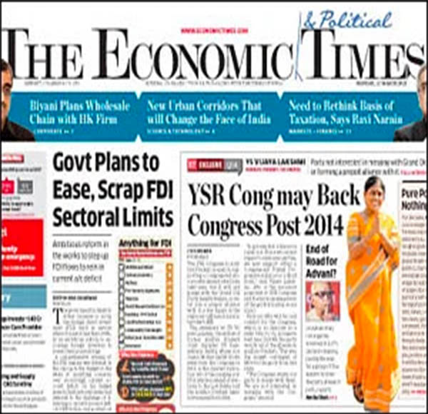 Front page of Economic Times newspaper
