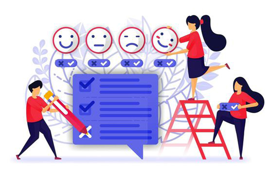  3 people filling surveys with emojis and reviews.
